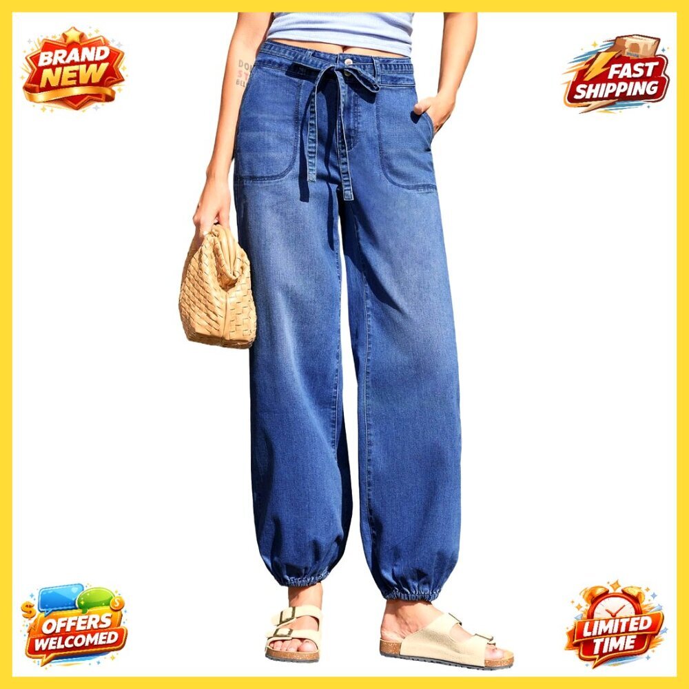 Wide Leg High Waist Stretchy Harem Jeans Drawstring Ankle Pants